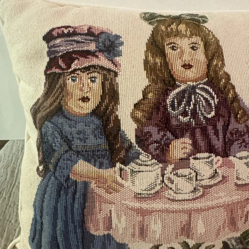 Vintage Dakotah Victorian Doll Tea Party Needlepoint Tapestry Pillow